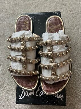 Sam Edelman Metallic Gold Studded Multi-Strap Slide Sandals